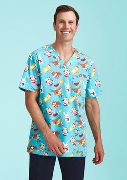 BIZ CARE Mens Christmas Short Sleeve V-neck Scrub CST446MS