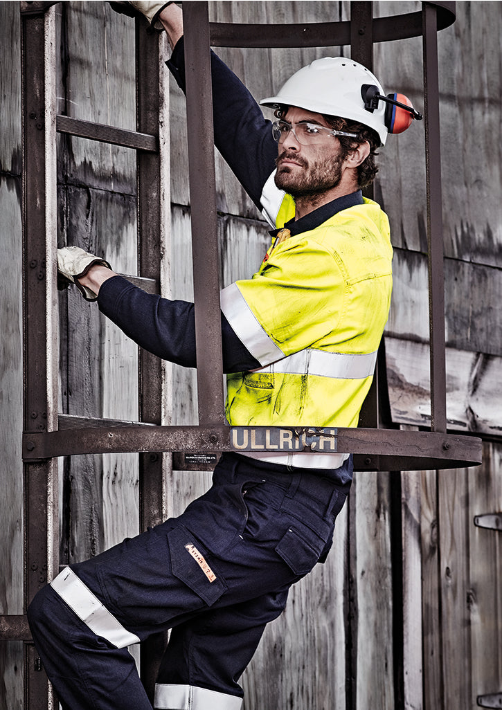 SYZMIK Mens Orange Flame Hi Vis Closed Front Shirt - Hoop Taped ZW143
